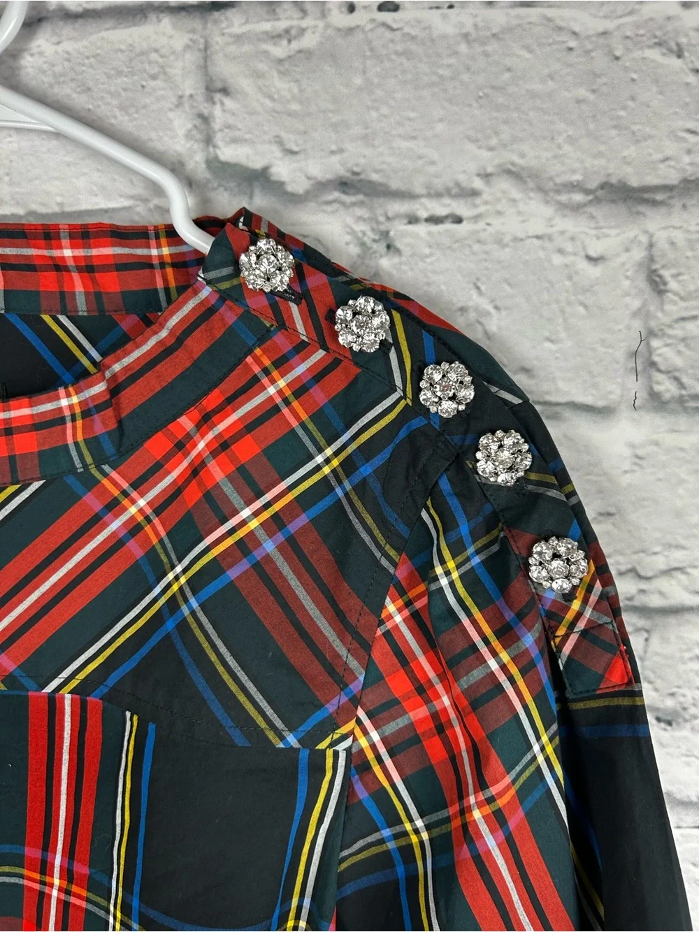 J.Crew K6797 Stewart Plaid Jeweled Funnel Neck Top NWT Size 8 Holiday